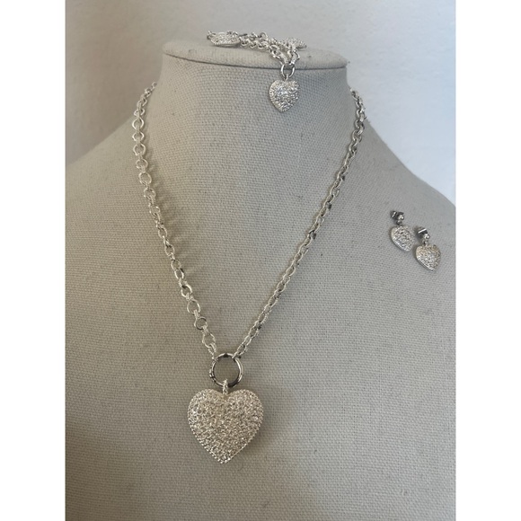 Jewelry - Heart Pavé Pendant Necklace and Stud Earring Set - Silver